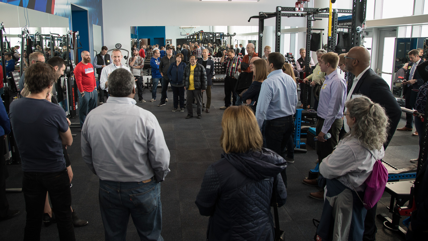 Attendees explore the weight room during the Chicago Ideas Week tour. (DePaul University/Jeff Carrion)